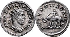 RÖMISCHE MÜNZEN Kaiserliche Prägungen Philippus I. Arabs, 244-249. Antoninian 248, Rom, auf die Tausendjahrfeier der Stadtgründung Roms. Büste mit Strahlenkrone / Elefant mit Treiber. 6h. RIC 58; C. 1
