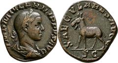 RÖMISCHE MÜNZEN Kaiserliche Prägungen Philippus I. Arabs für Philippus II. Sesterz 248, Rom, auf die Tausendjahrfeier der Stadtgründung Roms. Büste mit Lorbeerkranz / Wildziege. 12h. RIC 264 a; C. 73.