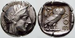 GRIECHISCHE MÜNZEN Attika ATHEN. No.: 116 Schätzpreis-Estimation: EUR 600.- ATHEN. Tetradrachme 448/415 v. Chr. Ähnlich wie vorher. Svoronos Tf. 14, 20. 17,23 g. Sehr schön