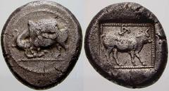 GRIECHISCHE MÜNZEN Lykien No.: 167 Schätzpreis-Estimation: EUR 1250.- Unbestimmter Dynast. Stater 460/440 v. Chr., unbestimmte Münzstätte (Xanthos?). Löwe über Stier / Stier in Quadratum incusum, im F