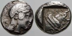 GRIECHISCHE MÜNZEN Lykien No.: 177 Schätzpreis-Estimation: EUR 1750.- Dynast Kherei. Stater 440/410 v. Chr., unbestimmte Münzstätte (Xanthos?). Kopf der Athena mit attischem Helm / Geflügelte Stierpro