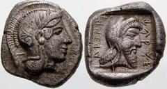 GRIECHISCHE MÜNZEN Lykien No.: 181 Schätzpreis-Estimation: EUR 1250.- Dynast Kherei. Drachme 440/410 v. Chr., Xanthos. Kopf der Athena / Kopf des Dynasten mit persischer Kyrbasia in Quadratum incusum,