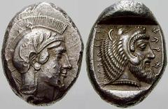 GRIECHISCHE MÜNZEN Lykien No.: 189 Schätzpreis-Estimation: EUR 2500.- Dynast Kherei. Stater 440/410 v. Chr., Telmessos. Kopf der Athena mit attischem Helm / Kopf des Herakles in flachem Quadratum incu