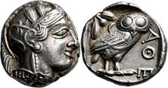 GRIECHISCHE MÜNZEN Attika Athen Tetradrachme 454/404 v. Chr. Kopf der Athena / Eule (Steinkauz), dahinter Olivenzweig und Mondsichel. 9h. Kampmann-Rutten 10 (Datierung 420er-404 v.); Kroll 8; HGC 1597