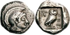 Attika Athen Tetradrachme 510/500 v. Chr. 16.89 g. Kopf der Athena / Eule und Olivenzweig in Quadratum incusum. Svoronos, Tf. 4, 13 Seltman, Athens, 181 var. (Gruppe G I) Eine der ersten Eulen von Ath