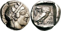 Attika Athen Tetradrachme um 460 v. Chr. 16.76 g. Kopf der Athena / Eule und Olivenzweig in Quadratum incusum. Svoronos, Tf. 9, 4 Starr 98 (Gr. III) Von interessantem Übergangsstil Selten Vorzüglich E