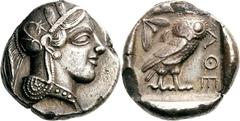 Attika Athen Tetradrachme 448/415 v. Chr. 16.86 g. Kopf der Athena / Eule und Olivenzweig in Quadratum incusum. Svoronos, Tf. 11,10 Auf breitem Schrötling und von feiner dunkler Tönung Sehr schön