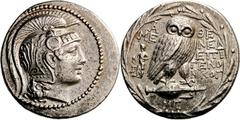 Attika Athen Tetradrachme neuen Stils Magistratsjahr des Menedemos und des Epigenos (= 167/166 v. Chr.). 16.86 g. Kopf der Athena mit Greifenhelm / Eule auf Amphora, Beiz. Asklepios mit Schlangenstab.