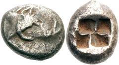 Lykien Unbestimmter Dynast Drittelstater (Tetrobol) um 500 v. Chr., unbestimmte Münzstätte. 2.91 g. Eberkopf nach r. / Rohes Quadratum incusum mit 4 Feldern. Müseler/Nollé I, 10 Babelon, Traité II/1, 