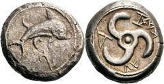 Lykien Zagaba/Apollonia Stater um 450 v. Chr. (Zeit des Dynasten Kuprilli oder des Dynasten Khinakha). 9.63 g. Delphin nach r., darunter lineares Symbol bzw. Bootshaken / Triskeles in rundem Incusum, 