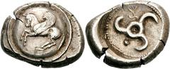 Lykien Unbestimmter Dynast (Khinakha?) Stater 460/440 v. Chr., unbestimmte Münzstätte in Ostlykien. 9.95 g. Pegasos nach l. auf Rundschild / Triskeles in rundem Incusum, im Feld Kugel sowie Monogramm 