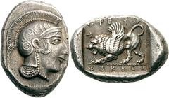 Lykien Dynast Kheriga Stater 440/430 v. Chr., Kandyba. 8.42 g. Kopf der Athena mit attischem Helm nach r. / Geflügelter Löwe nach l. in Quadratum incusum, im Feld Diskeles und Legende QIdTOA QEVFTP. M