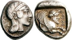 Lykien Dynast Kherei Stater 430/410 v. Chr., unbestimmte Münzstätte. 8.26 g. Kopf der Athena mit attischem Helm nach r. / Geflügelte menschenköpfige Stierprotome nach r. in Quadratum incusum, im Feld 