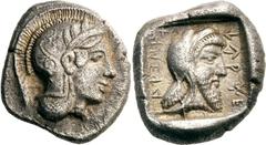 Lykien Dynast Kherei Drachme 430/410 v. Chr., Xanthos. 4.20 g. Kopf der Athena mit attischem Helm nach r. / Kopf des Dynasten mit persischer Kyrbasia nach r. in Quadratum incusum, im Feld Legende QIdJ