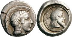 Lykien Dynast Kherei Stater 430/410 v. Chr., Pinara. 8.50 g. Kopf der Athena mit attischem Helm nach r. / Kopf des Dynasten mit persischer Kyrbasia nach r. in rundem Incusum, im Feld Legende QIdJT. Mü