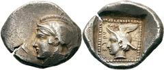 Lykien Dynast Hntruma Drachme 410/400 v. Chr., Kadyanda. 3.97 g. Kopf der Athena mit attischem Helm nach l. / Kopf des Hermes mit geflügeltem Petasos nach l. in flachem Quadratum incusum, im Feld line