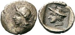 Lykien Kadyanda (?) Obol 410/400 v. Chr. (Zeit des Dynasten Hntruma). 0.55 g. Kopf der Athena mit attischem Helm nach l. / Kopf des Hermes mit geflügeltem Petasos nach l. in flachem Quadratum incusum.