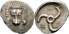 Lykien Dynast Trbbenimi Stater 390/380 v. Chr., Limyra. 9.71 g. Löwenmaske von vorn, im Feld f / Triskeles in rundem Incusum, im Feld Legende jJX. SNG Cop. Suppl. 483 SNG v. Aulock 4223 Müseler/Nollé 