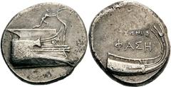 Lykien Phaselis Stater 3./2. Jhdt. v. Chr., Magistrat Eusthenes. 10.11 g. Prora mit kleiner laufender Figur an Deck nach r. / Heck mit Aphlaston nach l., im Feld Legende EUSQENHS und FASH. Heipp-Tamer