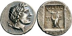 Lykien Lykische Liga Drachme 167/81 v. Chr., Pinara. 2.48 g. Büste des Apollon mit Köcher nach r. / Lyra in flachem Quadratum incusum, im Feld Legende LUKIWN und P - I. Troxell, Lycian League 7 Müsele