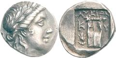 Lykien Lykische Liga Drachme 167/81 v. Chr., Kyaneai. 2.84 g. Büste des Apollon mit Köcher nach r. / Lyra in flachem Quadratum incusum, im Feld Legende LUKIWN und K-U. Troxell, Lycian League 26 Müsele