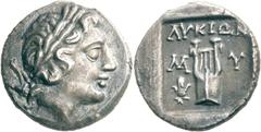 Lykien Lykische Liga Drachme 167/81 v. Chr., Myra. 2.72 g. Kopf des Apollon nach r. / Lyra in flachem Quadratum incusum, im Feld Isiskrone sowie Legende LUKIWN und M-U. Troxell, Lycian League 29 Müsel