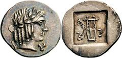 Lykien Lykische Liga Reduzierte Hemidrachme nach 18 v. Chr., Bezirk Kragos. 1.77 g. Kopf des Apollon nach r., im Feld Legende L-U / Lyra in flachem Quadratum incusum, im Feld Legende K-R. Troxell, Lyc