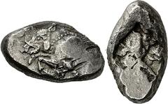 Lykien Unbestimmter Dynast Stater um 500 v. Chr., unbestimmte Mzst. 9.25 g. Eberprotome nach l. / Rohes Quadratum incusum. Rosen Coll. 689 Müseler/Nollé I, 14 Sehr selten Sehr schön Länglicher Schrötl