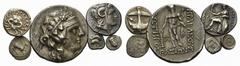 Griechische Münzen Thrakien Apollonia Pontika Drachme um 400 v. Chr.; Mesembria. Obol 400/350 v. Chr.; Insel Thasos. Obol 463/411 v. Chr.; Tetradrachme 2./1. Jhdt. v. Chr.; THESSALIEN. Perrhaiboi. Obo