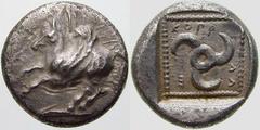 GRIECHISCHE MÜNZEN (GREEK COINS) -Lykien -Lykien 103. Dynast Kuprilli. Tetrobol 470/440 v. Chr., unbestimmte Münzstätte. Pegasos / Triskeles in Quadratum incusum. Vismara 122; Babelon, Traité II/1, 26