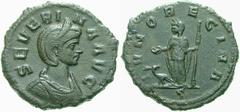 RÖMISCHE MÜNZEN (ROMAN COINS) -Kaiserliche Prägungen -Kaiserliche Prägungen 1020. Aurelianus für Severina.. As. Büste mit Diadem / Juno mit Patera und Zepter, davor Pfau. RIC 7; C. 9. 8.77 g. Dunkelbr