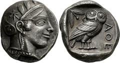 Attika Athen Tetradrachme 454/449 v. Chr. Kopf der Athena / Eule. Svoronos, Tf. 10, 16 Starr 200 (Gruppe V B4) 16.94 g.; Feine Tönung Vorzüglich