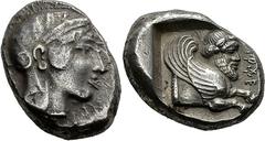 Lykien Dynast Kherei Stater 430/410 v. Chr., unbest. Mzst. Kopf der Athena mit attischem Helm / Geflügelte menschenköpfige Stierprotome in Quadratum incusum. Müseler VI, 18 (dies Exemplar) SNG Cop. Su