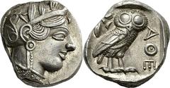Attika Athen Tetradrachme 448/415 v. Chr. Kopf der Athena / Eule. Svoronos, Tf. XII, 16 Starr Tf. XXII, 7 17.20 g.; Fein getöntes Prachtexemplar mit hohem Relief Vorzüglich