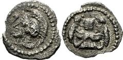 Lykien Unbestimmte Mzst. (Zagaba?) Hemiobol 390/370 v. Chr. (Zeit des Dynasten Aruvatijesi oder des Dynasten Mithrapata). Löwenprotome von oben / Kopf der Athena mit attischem Helm. 0.20 g.; Dunkle Tö