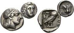 Griechische Münzen Attika Athen Tetradrachme 448/415 v. Chr. KARIEN. Insel Rhodos/Rhodos. Didrachme 305/275 v. Chr. 2 Stück Sehr schön - schön