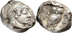 Attika Athen Tetradrachme 490/482 v. Chr. Kopf der Athena / Eule. Svoronos, Tf. 5, 35 Seltman, Athens, 391 (Gruppe M) 17.38 g.; Hohes Relief und bestens zentriert Sehr selten in dieser Qualität Vorzüg