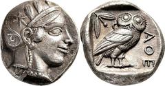 Attika Athen Tetradrachme 454/449 v. Chr. Kopf der Athena / Eule. Svoronos, Tf. 10, 16 Starr 200 (Gruppe V B 4) 16.94 g.; Eindrucksvoller spätarchaischer Stil und feine dunkle Tönung Vorzüglich