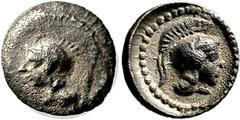 Lykien Xanthos Hemiobol 400/390 v. Chr. (Zeit des Dynasten Vekhssere II.). Kopf der Athena mit attischem Helm (nach links) / Kopf der Athena mit attischem Helm (nach rechts). 0.26 g.; Unpubliziert Seh