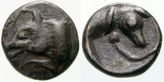 GRIECHISCHE MÜNZEN (GREEK COINS) -Lykien -Lykien 451. Unbestimmter Dynast. Hemiobol 480/460 v. Chr., unbestimmte Münzstätte. Wildschweinprotome / Hundeprotome (?) mit Leine. Vismara -; Babelon, Traité