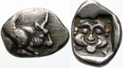 GRIECHISCHE MÜNZEN (GREEK COINS) -Lykien -Lykien 453. Unbestimmter Dynast (Uwug?). Diobol um 450 v. Chr., unbestimmte Münzstätte in Zentral- oder Ostlykien. Geflügelte Stierprotome / Gorgoneion in Qua