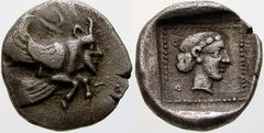 GRIECHISCHE MÜNZEN (GREEK COINS) -Lykien -Lykien 454. Dynast Uwug. Diobol um 450 v. Chr., unbestimmte Münzstätte in Zentral- oder Ostlykien. Geflügelte Stierprotome mit Menschenkopf / Aphroditeköpfche