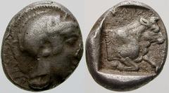 GRIECHISCHE MÜNZEN (GREEK COINS) -Lykien -Lykien 457. Dynast Kherei. Tetrobol 440/410 v. Chr., unbestimmte Münzstätte (Xanthos?). Kopf der Athena / Stierprotome in Quadratum incusum. Vismara -; Babelo
