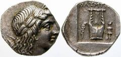 GRIECHISCHE MÜNZEN (GREEK COINS) -Lykien -Lykische Liga 462. Drachme 167/81 v. Chr., Olympos. Kopf des Apollon / Lyra in flachem Quadratum incusum, im Feld Palmwedel und Tropaion. Troxell, Lycian Leag
