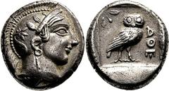 Attika Athen Drachme aus der Dekadrachmen-Serie um 460 v. Chr. Kopf der Athena / Eule. Svoronos, Tf. 8, 39 var Starr 89 var. (Gruppe II.C) 4.06 g.; Charakteristischer Stil - Feine Kabinettstönung Äuße