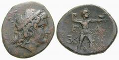 GRIECHISCHE MÜNZEN (GREEK COINS) -Elis -Olympia 189. Bronze 271/191 v. Chr. Kopf des Apollon / Zeus mit Adler und Blitzbündel, im Feld 2 Monogramme. 6.94 g. Dunkelbraune Patina, Unpublizierte Variante