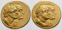 GRIECHISCHE MÜNZEN (GREEK COINS) -Reich der Ptolemaier -Reich der Ptolemaier 339. Ptolemaios III. Euergetes, 246-221 v. Chr.. Goldtetradrachme, Alexandria, zur Erinnerung an seine Vorfahren. Büsten de