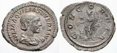 RÖMISCHE MÜNZEN (ROMAN COINS) -Kaiserliche Prägungen -Kaiserliche Prägungen 760. Elagabalus für Aquilia Severa.. Denar 220. Büste / Concordia mit Patera und Doppelfüllhorn vor Altar, im Feld Stern. RI