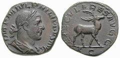 RÖMISCHE MÜNZEN (ROMAN COINS) -Kaiserliche Prägungen -Kaiserliche Prägungen 810. Philippus I. Arabs, 244 - 249.. Sesterz 248, auf die Tausendjahrfeier der Gründung Roms. Büste / Hirsch. RIC 160a; C. 1