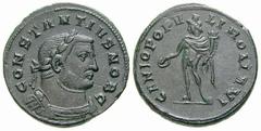 RÖMISCHE MÜNZEN (ROMAN COINS) -Kaiserliche Prägungen -Kaiserliche Prägungen 916. Maximianus I. Herculius für Constantius I. Chlorus.. Follis 300, London. Büste / Genius mit Patera und Füllhorn. RIC 16
